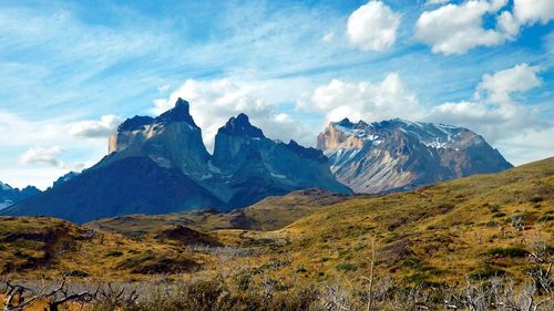 Scenic view of mountains against cloudy sky