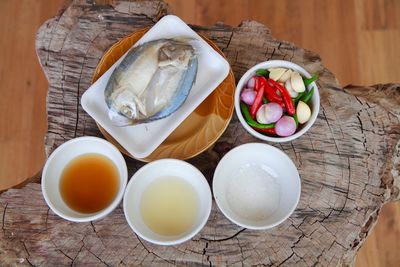 High angle view of breakfast on table