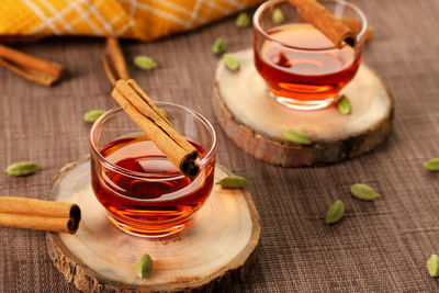 High angle view of tea cup on table