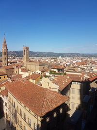 High angle view of cityscape against clear blue sky