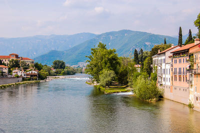 Scenic view of river with mountains in background