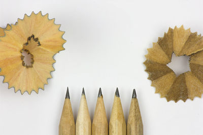 High angle view of multi colored pencils against white background