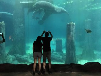 Rear view of couple at aquarium