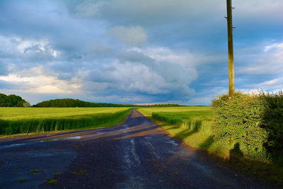 Empty road amidst field against sky