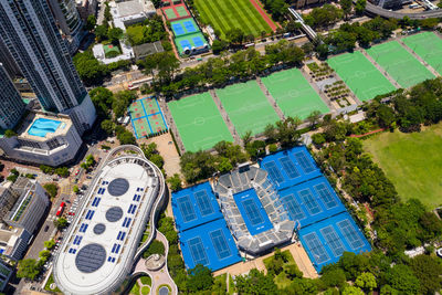 High angle view of buildings in city