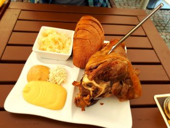 High angle view of breakfast served on table