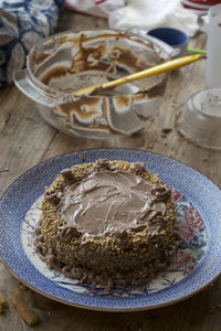 High angle view of cake in plate on table