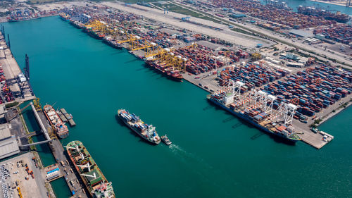 High angle view of boats on sea