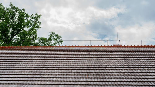 Shingled roof with a lightning protection system on the ridge. polish traditional house