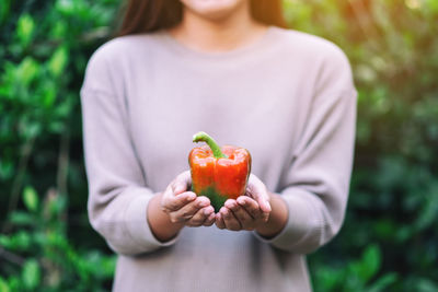 Midsection of woman holding strawberry while standing outdoors