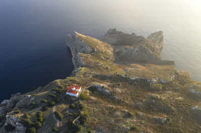 Aerial view of the medes islands in a foggy sunrise over the costa brava coast and mediterrania sea