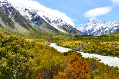 Scenic view of snow covered mountains