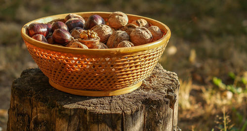 High angle view of walnuts in basket