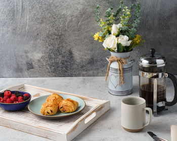 View of food and coffee on table