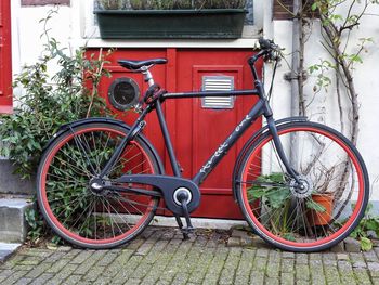 Bicycle parked on road