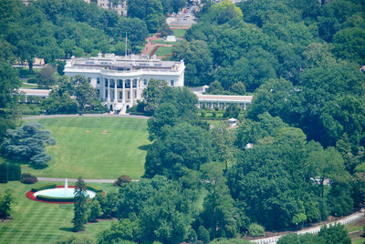 High angle view of trees and buildings