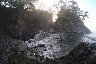 Scenic view of rocks by trees against sky