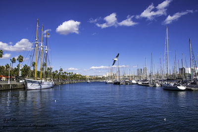 Commercial dock by sea against sky