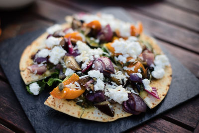 High angle view of food in plate on table