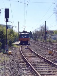 Railroad tracks seen through train windshield