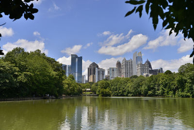 River against buildings in city