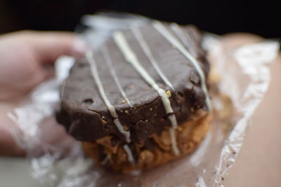 Close-up of hand holding chocolate cake in plate