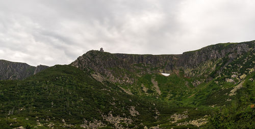 Scenic view of land and mountains against sky