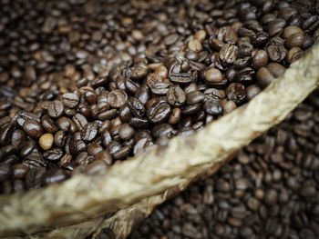 Close-up of roasted coffee beans in wicker basket in store