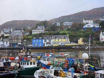 Boats moored at harbor