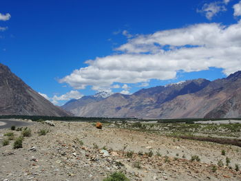 Scenic view of landscape and mountains against blue sky