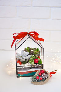 Close-up of christmas decorations on table