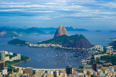 High angle view of city by sea against sky