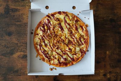 High angle view of pizza on table