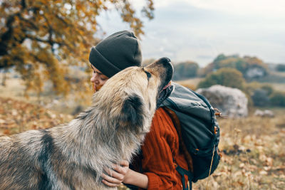 Close-up of dog wearing hat