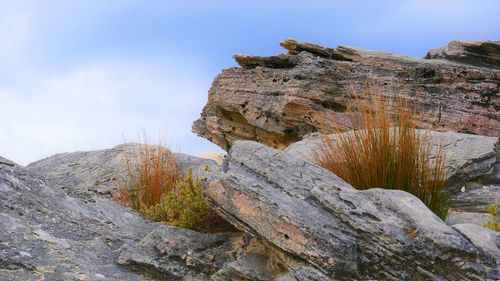 Low angle view of rock formation against sky