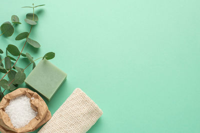 Accessories for body care made of natural materials on a green background. 