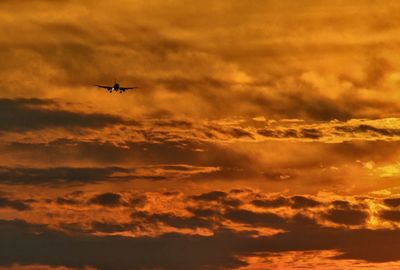 Low angle view of silhouette airplane against sky during sunset