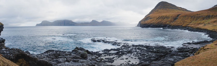 Panoramic view of sea and rocks against sky