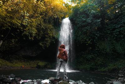 Rear view of man standing against waterfall in forest