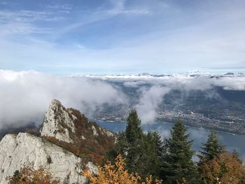 Scenic view of sea and mountains against sky