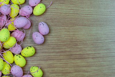 High angle view of multi colored candies on table