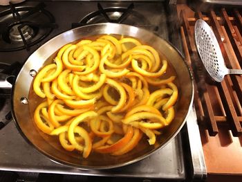 High angle view of pasta in cooking pan