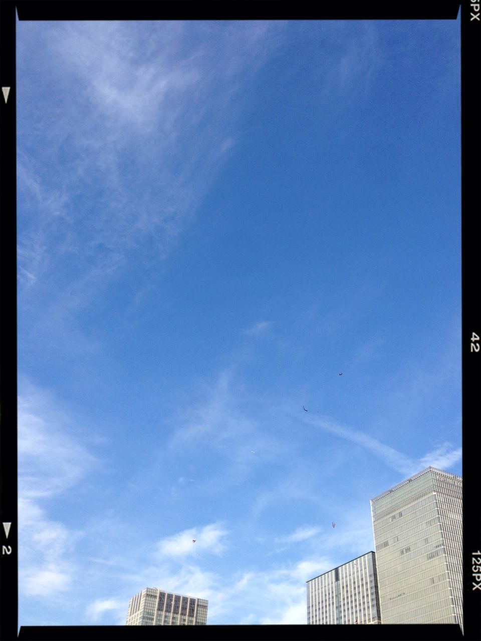 low angle view, building exterior, architecture, built structure, sky, transfer print, blue, auto post production filter, cloud - sky, cloud, building, high section, day, outdoors, city, no people, bird, sunlight, roof, residential building