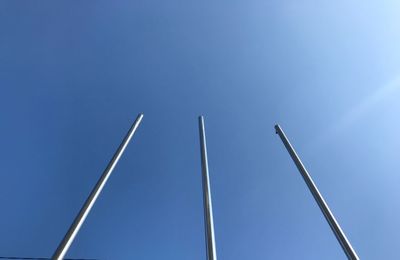 Low angle view of flagpole against clear blue sky