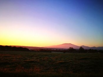 Scenic view of field against clear sky during sunset