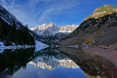 Scenic view of lake by snowcapped mountains against sky