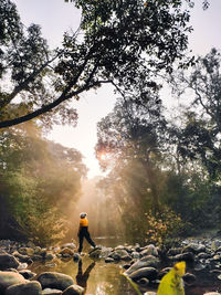 Rear view of woman standing on rock inside river looking at sunrays in morning 