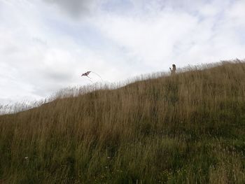Low angle view of woman flying kite while standing on mountain