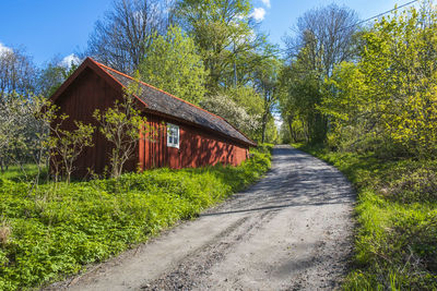 Road amidst trees and houses against sky