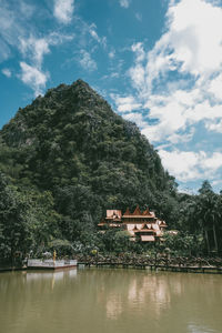 Scenic view of lake by building against sky